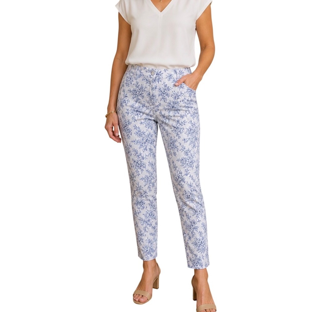 Mario Serrani Italy Floral Toile Size 8 Slim White Blue Ankle‎ Pants